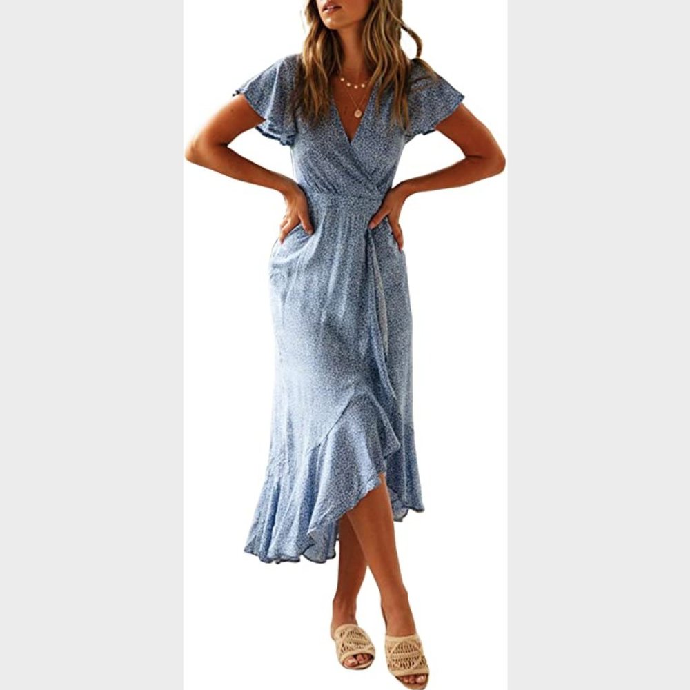 ZESICA Women's Bohemian Floral Printed Wrap V Neck Short Sleeve Split Size Med